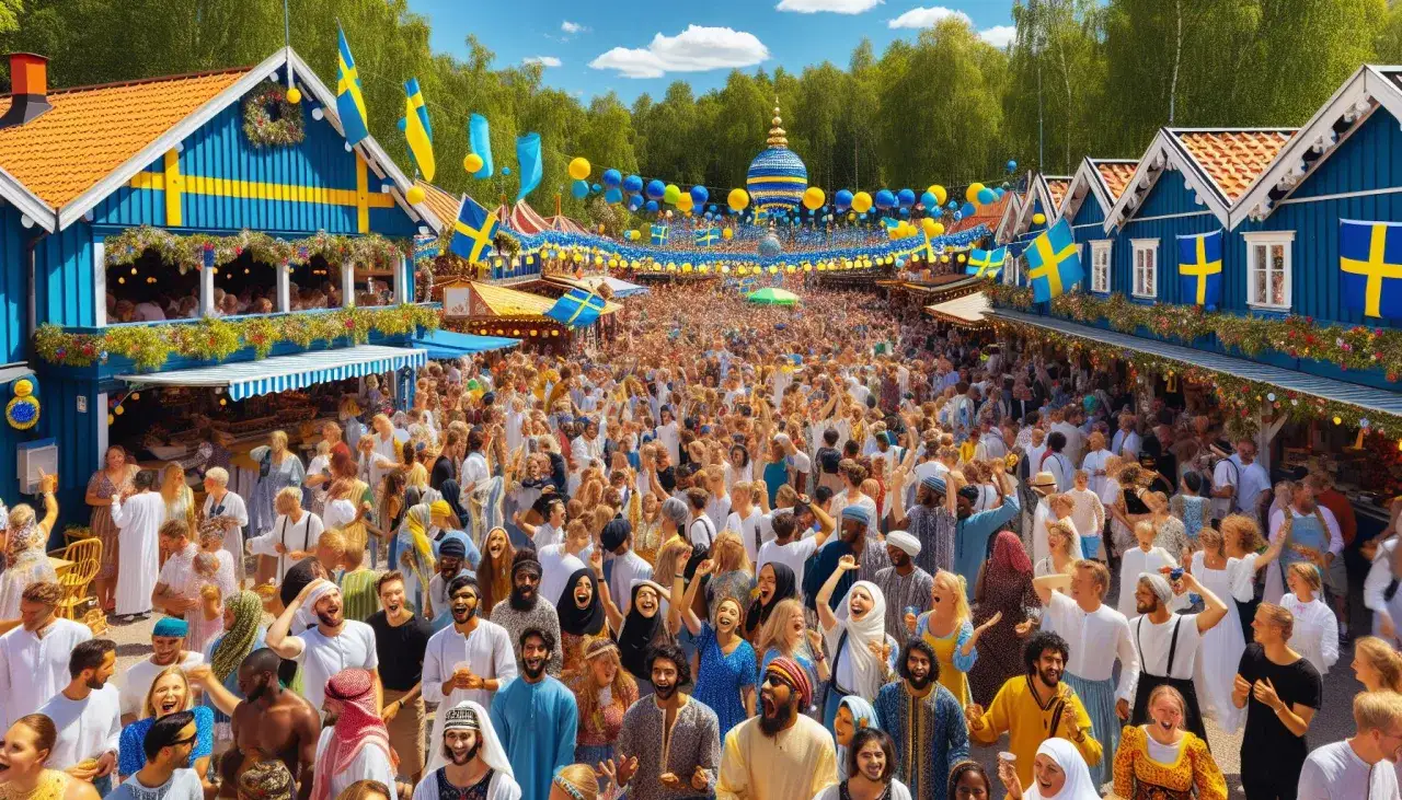 Stor folkmassa firar p&aring; en marknad med svenska flaggor och bl&aring;a hus. En h&auml;rlig scen fr&aring;n festivaler i Sverige.