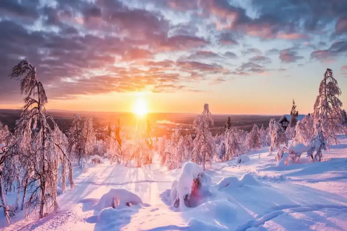 Vinterlandskap med sn&ouml;t&auml;ckta tr&auml;d och en solnedg&aring;ng som lyser upp himlen. Ett perfekt resm&aring;l i februari f&ouml;r den som &auml;lskar kyla och vackra vyer.