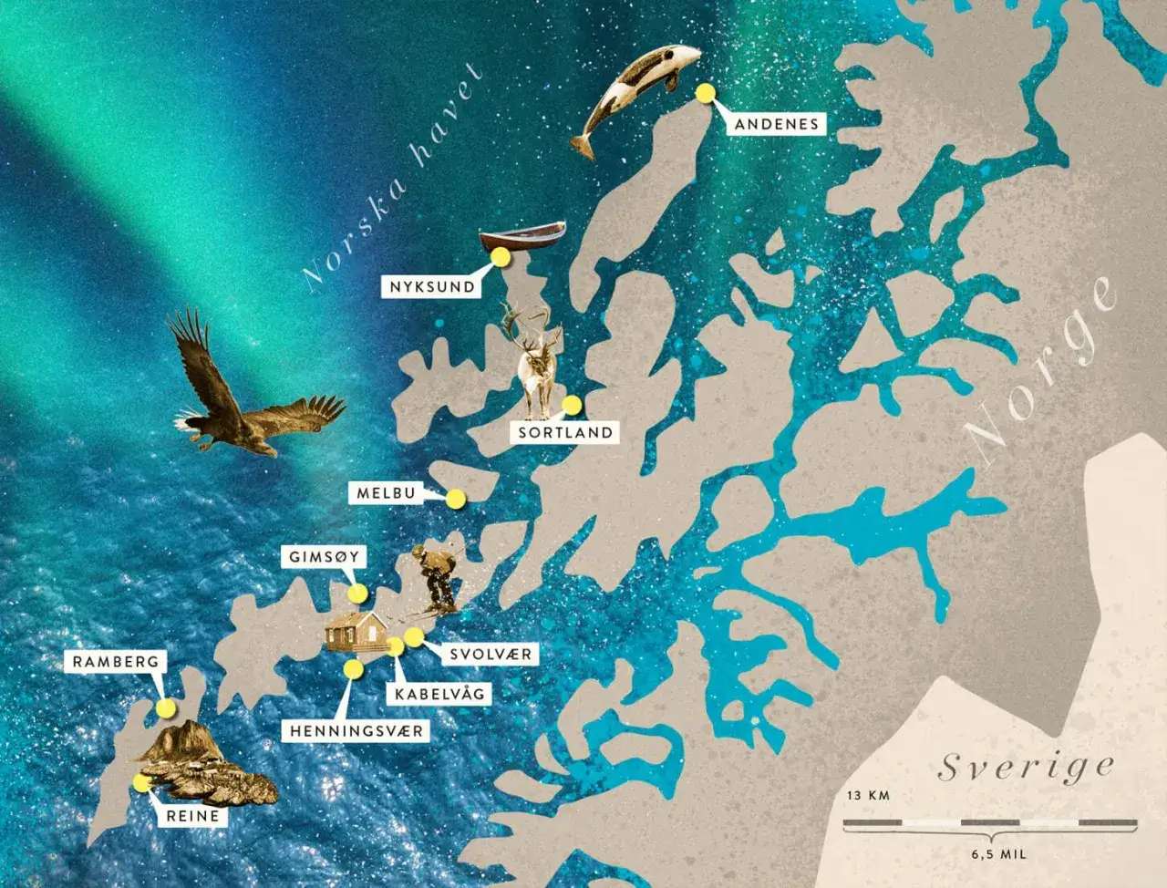 Karta &ouml;ver Lofoten med platser som Reine och Svolv&aelig;r. En &ouml;rn flyger &ouml;ver havet under norrskenet, som om det vore en t&aring;g till Lofoten.