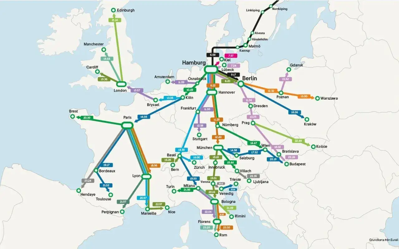 Karta &ouml;ver nya natt&aring;g i Europa. Visar rutter och avg&aring;ngstider fr&aring;n London, Paris, Hamburg, Berlin och andra st&auml;der.