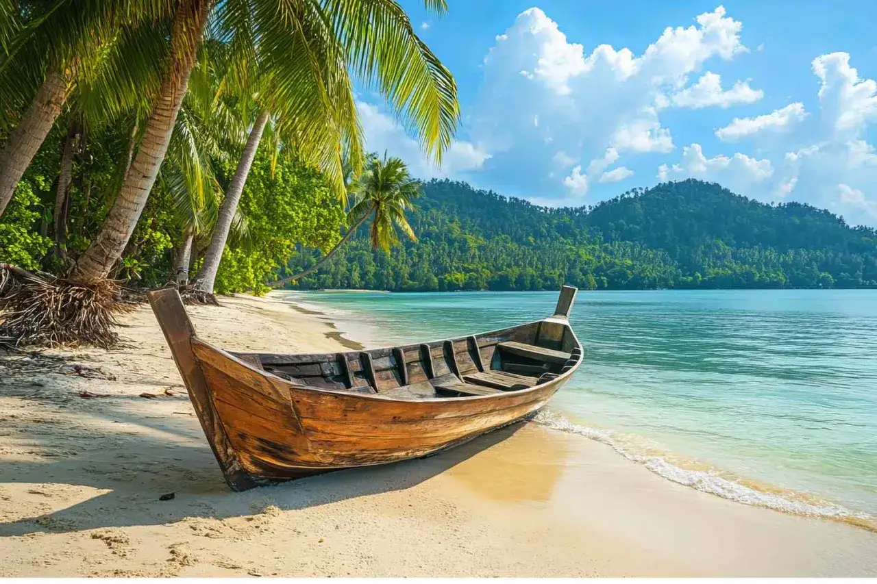 En tr&auml;b&aring;t vilar p&aring; en sandstrand vid Ko Chang. Palmer kantar kusten, och turkost vatten m&ouml;ter en gr&ouml;nskande bergssida.