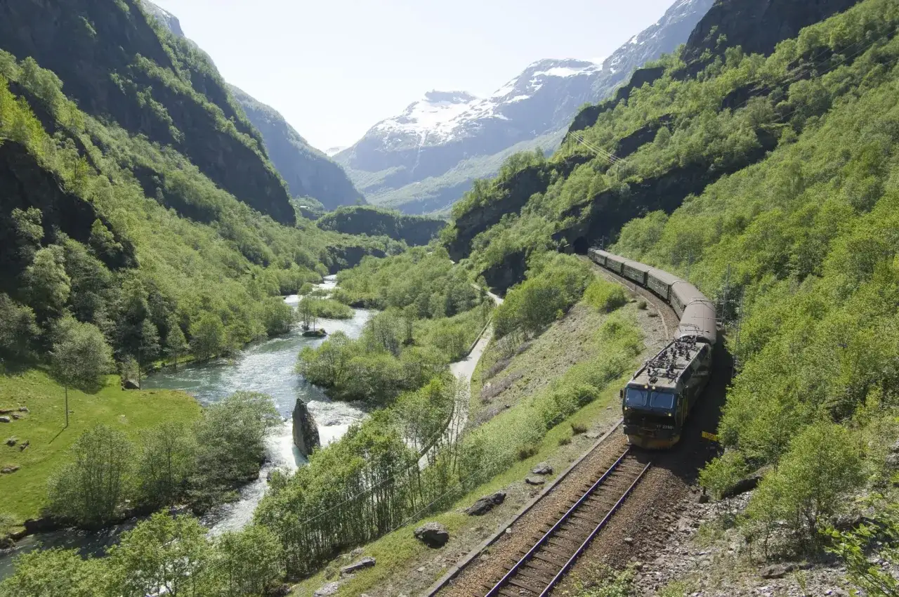 Ett t&aring;g i Norge slingrar sig fram genom en gr&ouml;nskande dalg&aring;ng kantad av berg och en forsande flod.