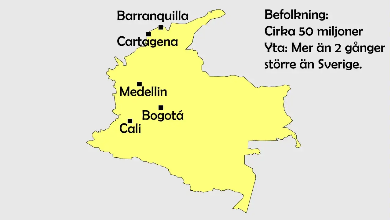 Karta &ouml;ver Colombia med st&auml;der som Barranquilla, Cartagena, Medellin, Cali och Bogot&aacute;. Befolkning 50 miljoner, yta mer &auml;n dubbla Sveriges. En resa till Colombia kan vara farligt.