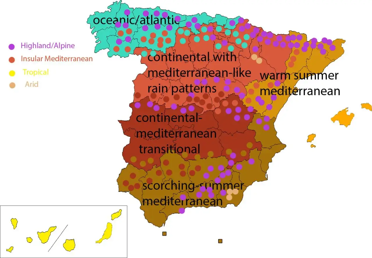 Klimatzoner i Spanien. Vintertemperaturer varierar från oceaniskt/atlantiskt i norr till medelhavsklimat med heta somrar i söder.