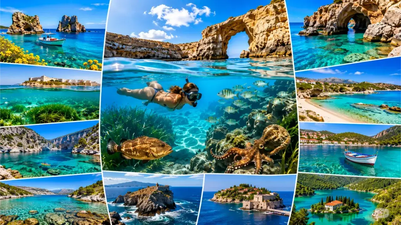 En kvinna snorklar i klart vatten med fiskar och en bl&auml;ckfisk. Collage visar vackra europeiska kustlandskap, perfekta f&ouml;r snorkla i Europa.