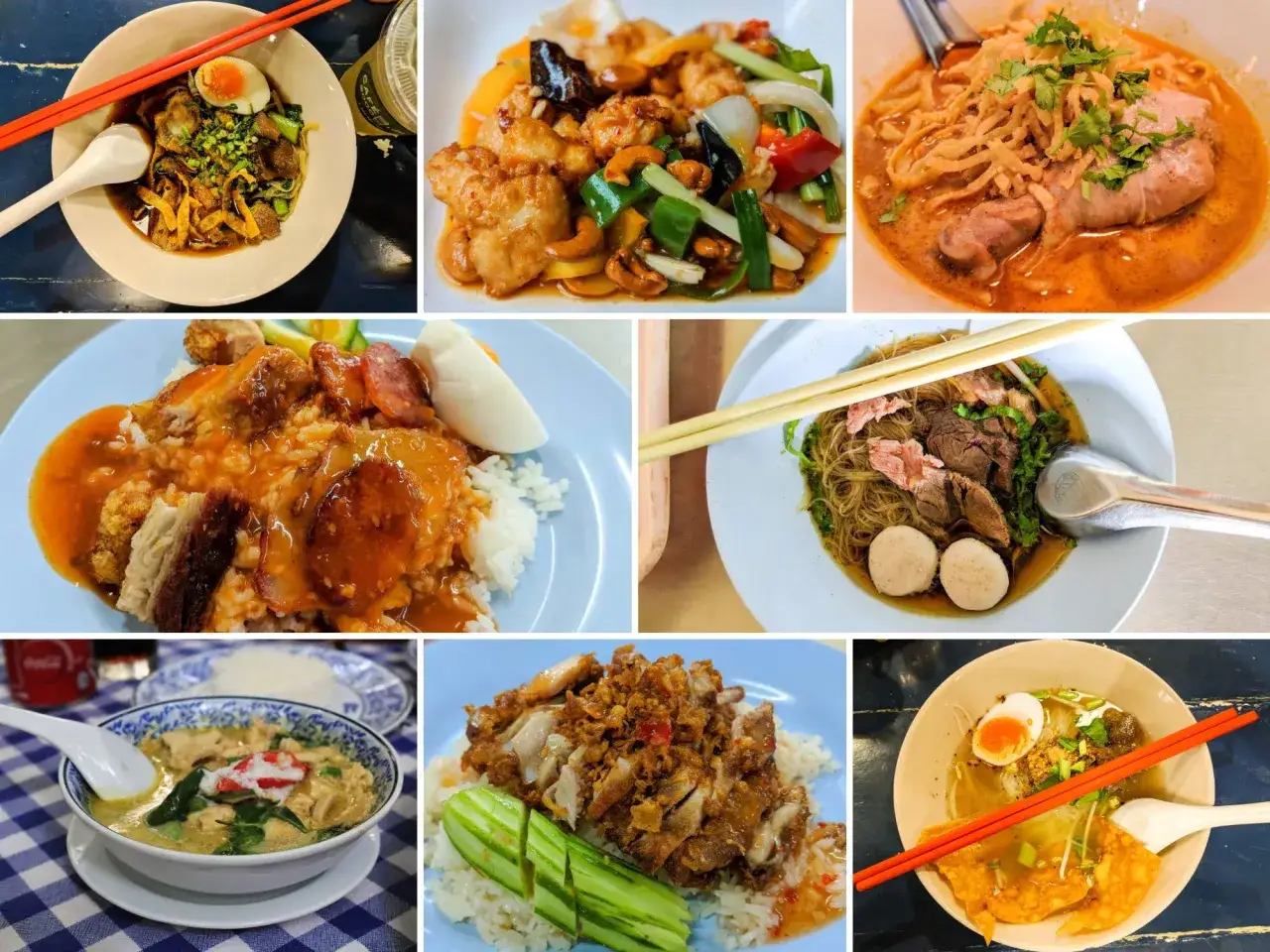 En kollage av thaimat. T&auml;nk dig att &auml;ta detta i tv&aring; veckor, undrar vad kostar det att &aring;ka till Thailand 2 veckor?
