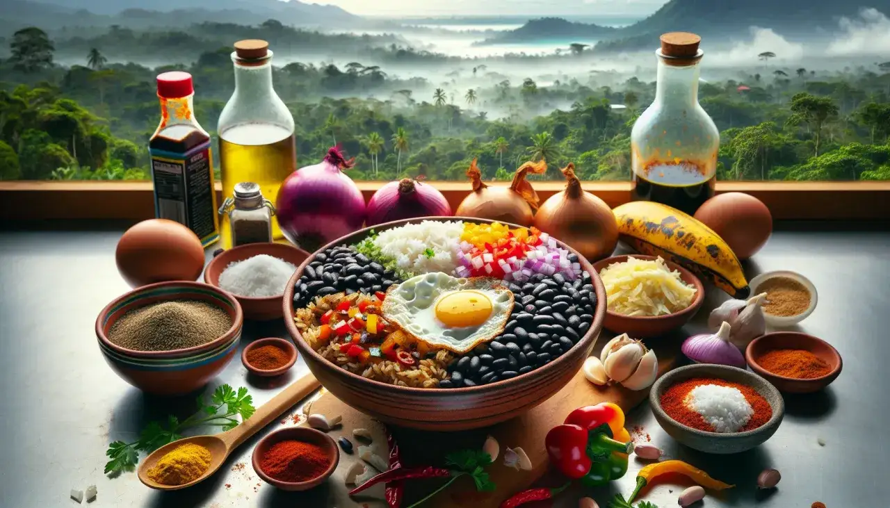 En sk&aring;l med ris, svarta b&ouml;nor och ett stekt &auml;gg, omgiven av ingredienser som p&aring;minner om mat fr&aring;n Costa Rica.
