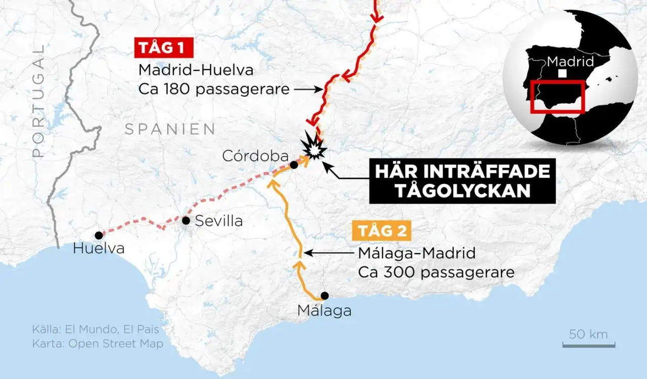 Karta över tågolycka i Spanien. Tåg 1 Madrid-Huelva, Tåg 2 Málaga-Madrid. Olyckan inträffade nära Córdoba.