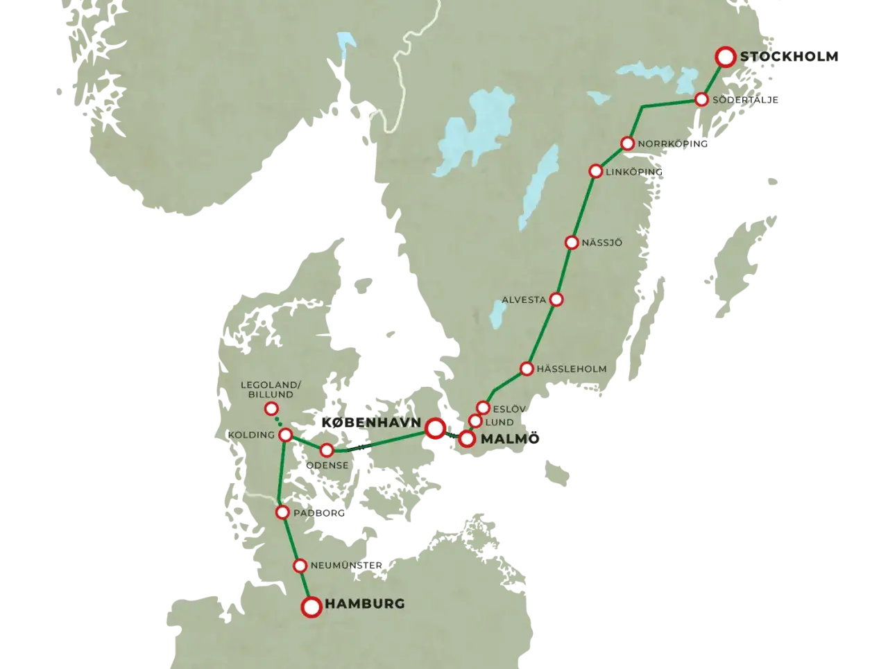 Karta som visar en t&aring;gresa fr&aring;n Stockholm via K&ouml;penhamn till Hamburg i Tyskland.