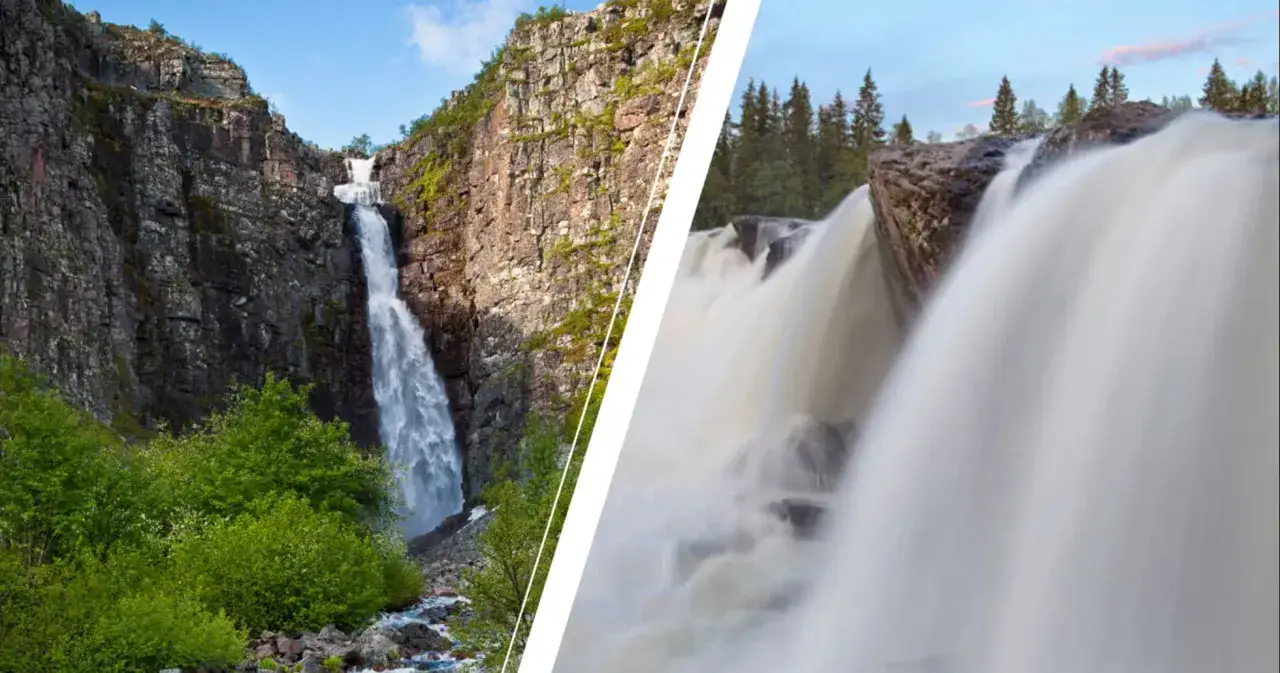 Två vackra vattenfall i Sverige. Ett högt, smalt fall nerför en klippvägg, och ett bredare, kraftfullt fall över stenar.