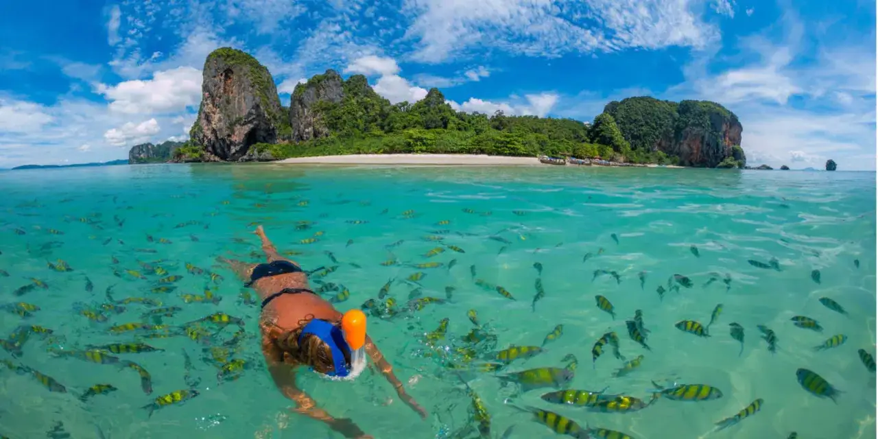 En person snorklar i turkost vatten omgiven av fiskar, med dramatiska klippor och en strand i bakgrunden. En dr&ouml;m om snorkling i Thailand.