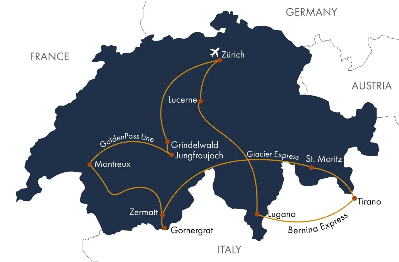 Karta över Schweiz med markerade interrail-rutter som besöker Zürich, Luzern, Grindelwald, Jungfraujoch, Montreux, Zermatt, Gornergrat, Lugano, Tirano, St. Moritz.