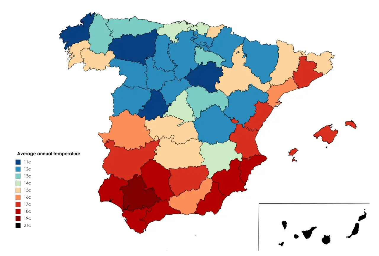 Karta visar genomsnittlig spanien temperatur &aring;ret runt. Varmast &auml;r i s&ouml;der med upp till 21c, kallast i norr med 11c.